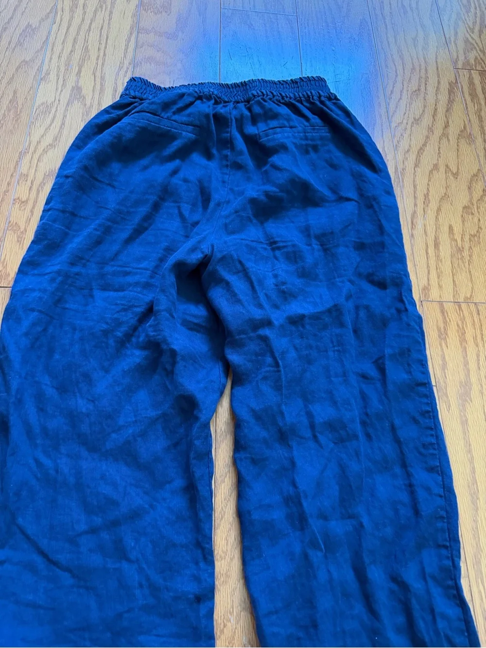 Zara Women's Navy Blue Drawstring Wide-Leg Linen Trousers Small S